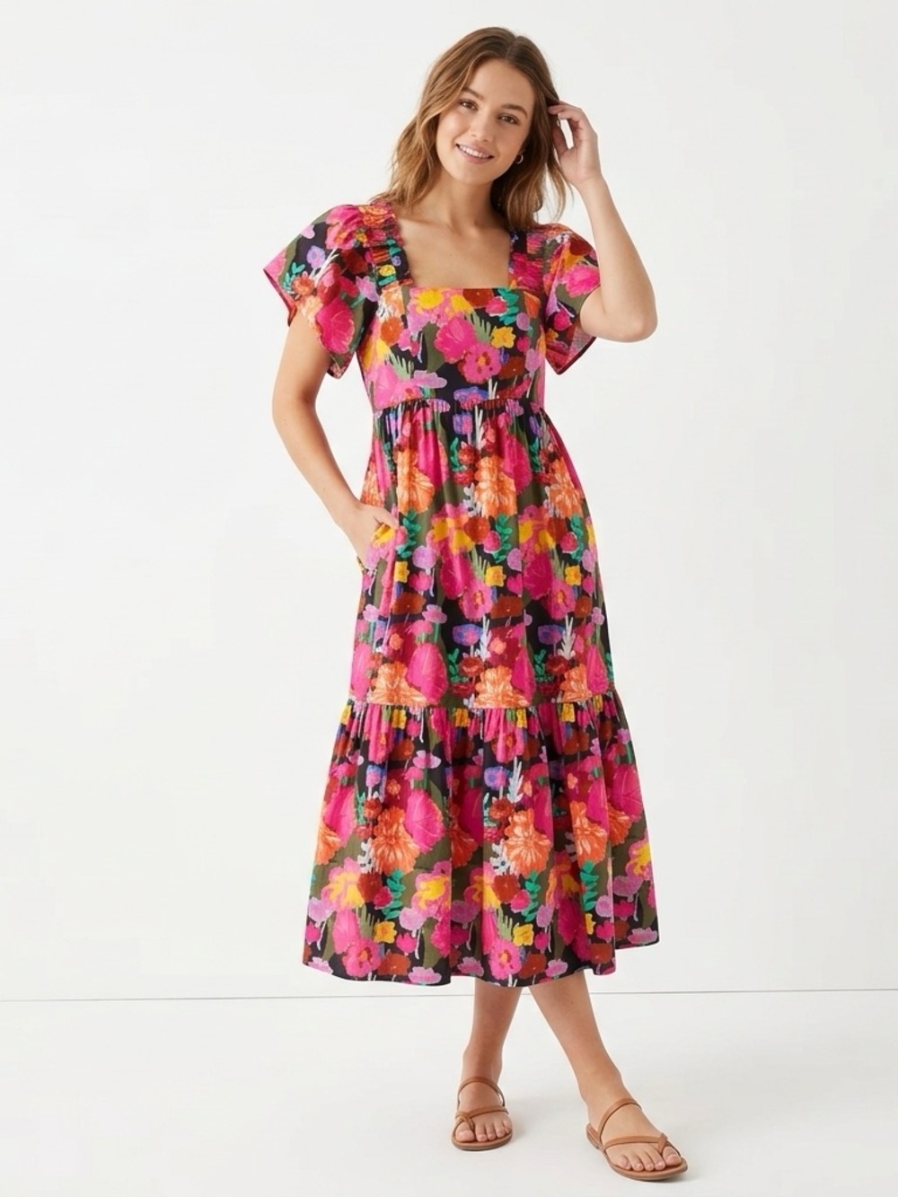 Crosby by Mollie Burch Tiered Floral Midi Dress Women’s Small Black Pink NWOT